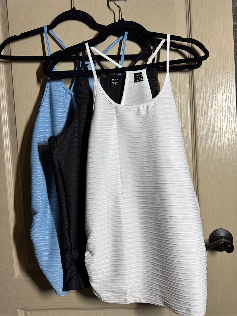 SHEIN 3Pack White, Black & Light Blue Ribbed Spaghetti Strap Camisole Set